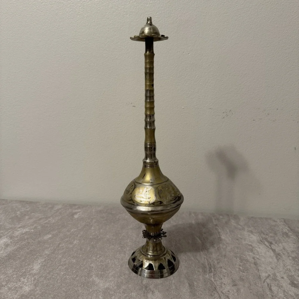 Vintage Ribbed Perfume Rose Water Sprinkler Bottle Brass Ceremony Ritual